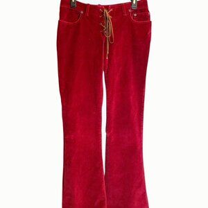 VTG Y2K Tilt Velvet Low Rise Flare Pants Boho Tie Front Hippie Hip Hugger 7 Long